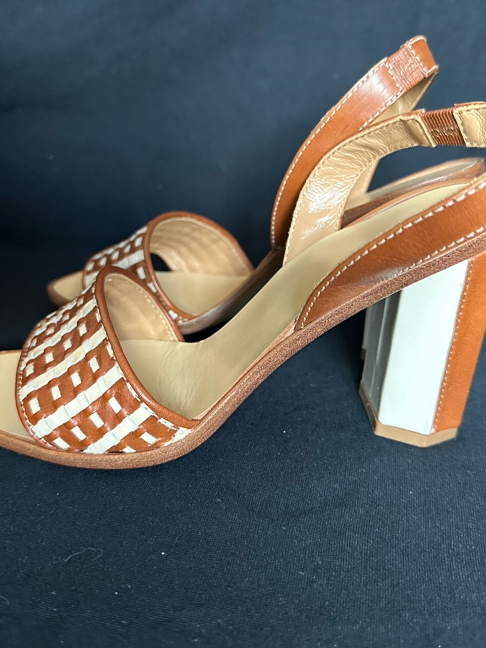 Made in Italy Brown & Cream Woven Slingback Block Heels strap and buckle sandals - Picture 9 of 16